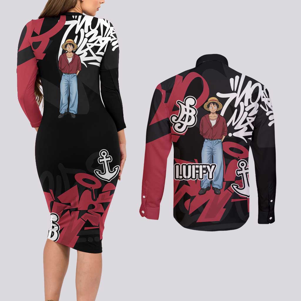 Monkey D. Luffy One Piece Couples Matching Long Sleeve Bodycon Dress and Long Sleeve Button Shirt Graffiti Street Art Anime Collage
