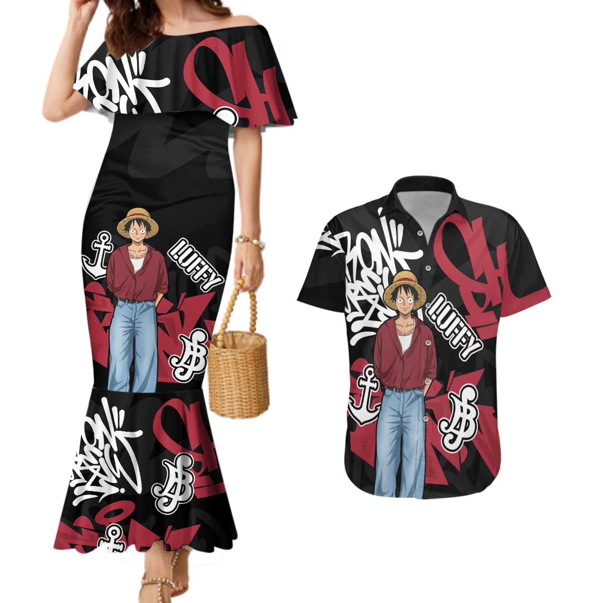 Monkey D. Luffy One Piece Couples Matching Mermaid Dress and Hawaiian Shirt Graffiti Street Art Anime Collage