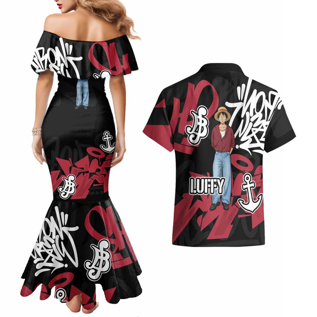 Monkey D. Luffy One Piece Couples Matching Mermaid Dress and Hawaiian Shirt Graffiti Street Art Anime Collage