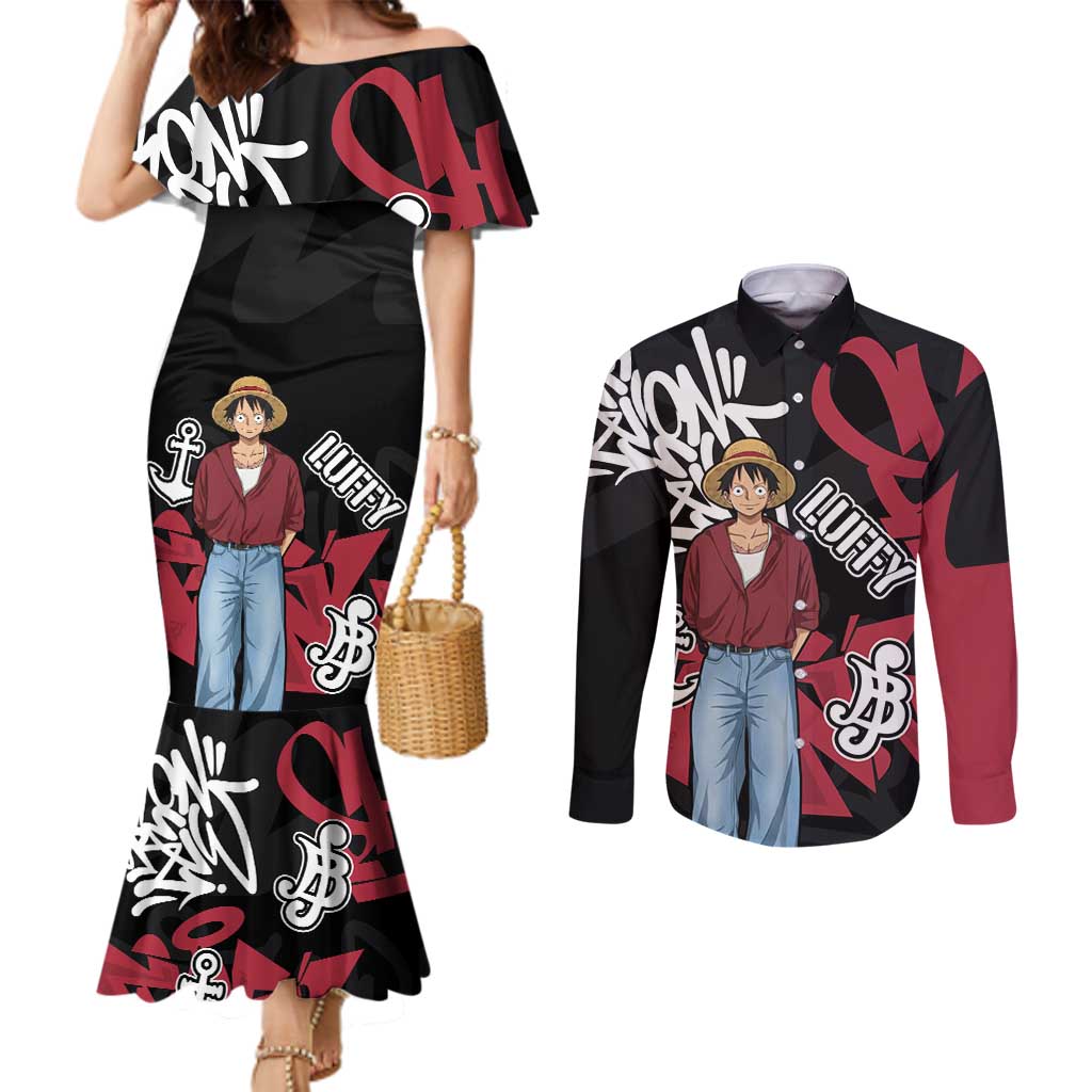 Monkey D. Luffy One Piece Couples Matching Mermaid Dress and Long Sleeve Button Shirt Graffiti Street Art Anime Collage