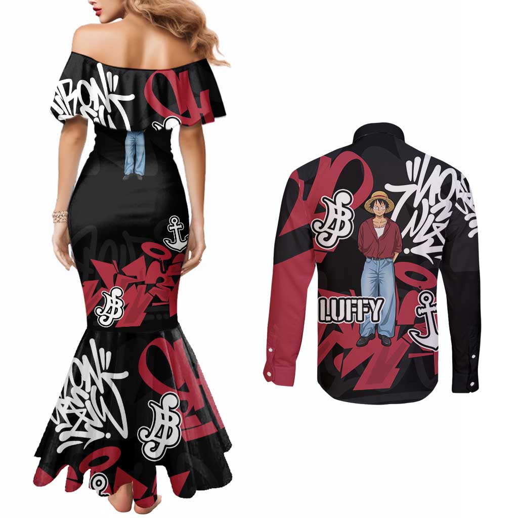 Monkey D. Luffy One Piece Couples Matching Mermaid Dress and Long Sleeve Button Shirt Graffiti Street Art Anime Collage