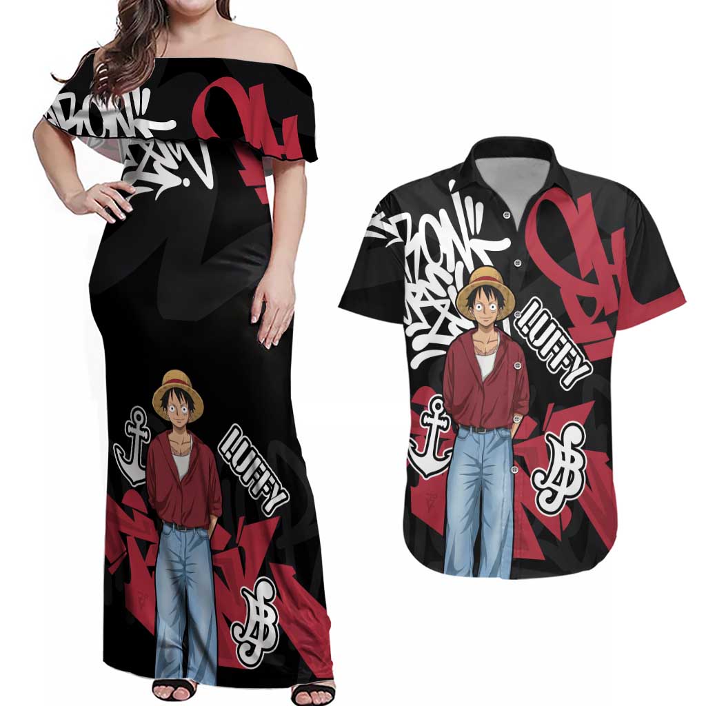 Monkey D. Luffy One Piece Couples Matching Off Shoulder Maxi Dress and Hawaiian Shirt Graffiti Street Art Anime Collage