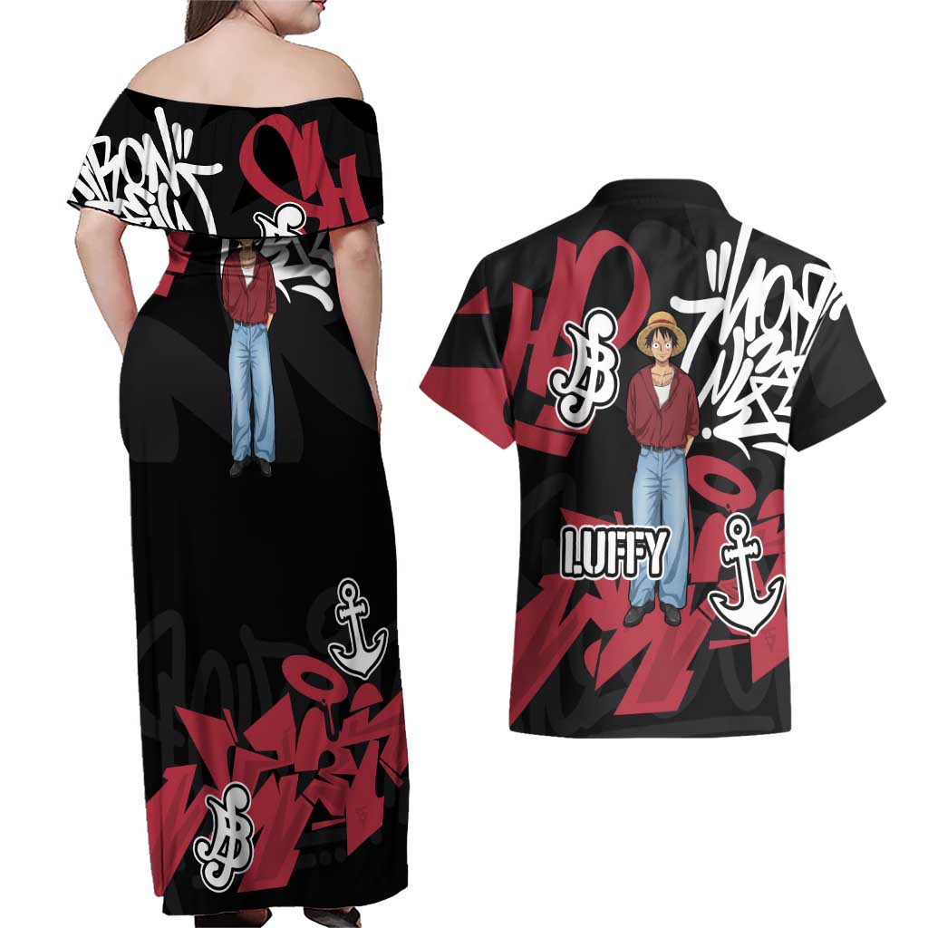 Monkey D. Luffy One Piece Couples Matching Off Shoulder Maxi Dress and Hawaiian Shirt Graffiti Street Art Anime Collage