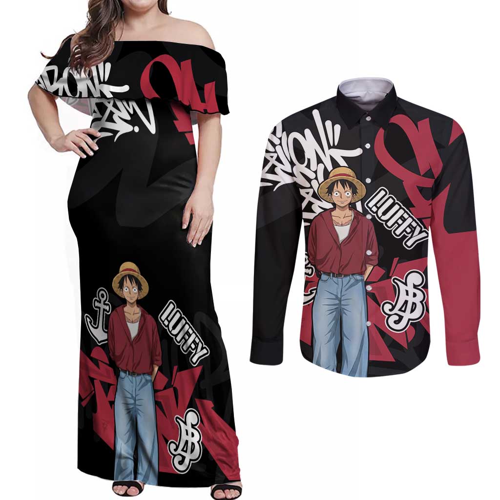 Monkey D. Luffy One Piece Couples Matching Off Shoulder Maxi Dress and Long Sleeve Button Shirt Graffiti Street Art Anime Collage