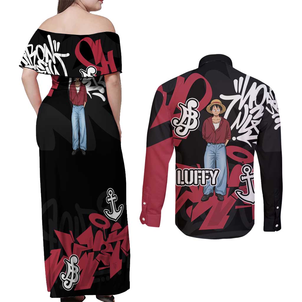 Monkey D. Luffy One Piece Couples Matching Off Shoulder Maxi Dress and Long Sleeve Button Shirt Graffiti Street Art Anime Collage