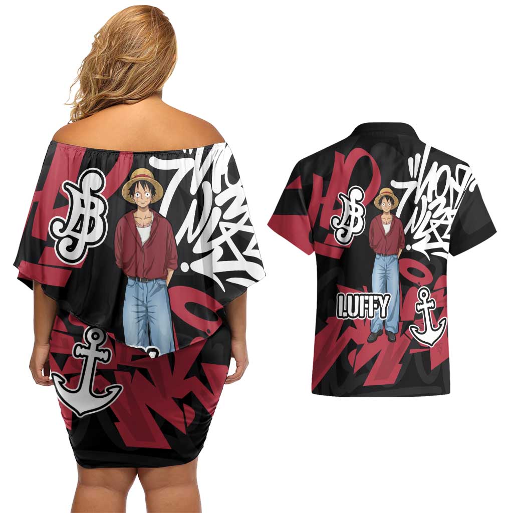 Monkey D. Luffy One Piece Couples Matching Off Shoulder Short Dress and Hawaiian Shirt Graffiti Street Art Anime Collage