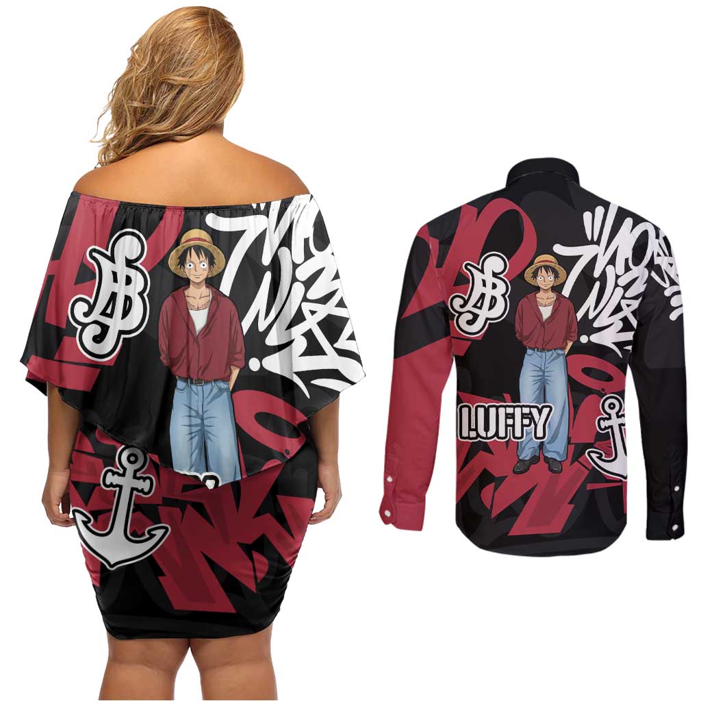 Monkey D. Luffy One Piece Couples Matching Off Shoulder Short Dress and Long Sleeve Button Shirt Graffiti Street Art Anime Collage