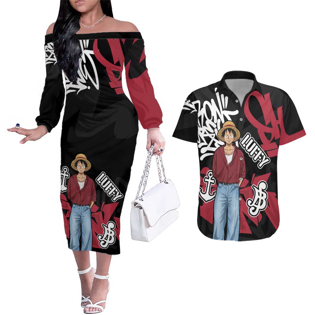 Monkey D. Luffy One Piece Couples Matching Off The Shoulder Long Sleeve Dress and Hawaiian Shirt Graffiti Street Art Anime Collage