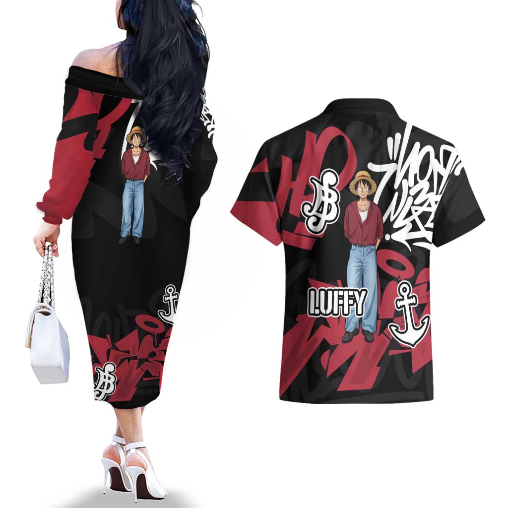 Monkey D. Luffy One Piece Couples Matching Off The Shoulder Long Sleeve Dress and Hawaiian Shirt Graffiti Street Art Anime Collage