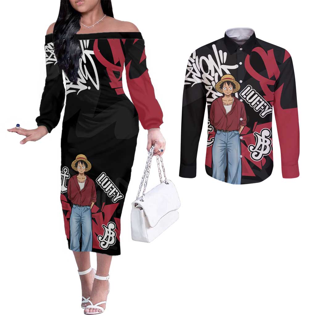 Monkey D. Luffy One Piece Couples Matching Off The Shoulder Long Sleeve Dress and Long Sleeve Button Shirt Graffiti Street Art Anime Collage