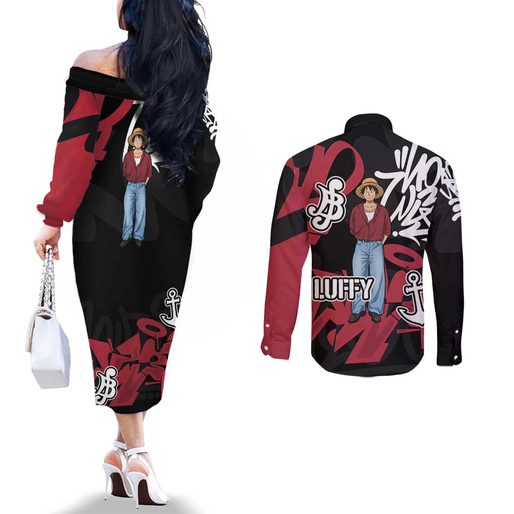 Monkey D. Luffy One Piece Couples Matching Off The Shoulder Long Sleeve Dress and Long Sleeve Button Shirt Graffiti Street Art Anime Collage