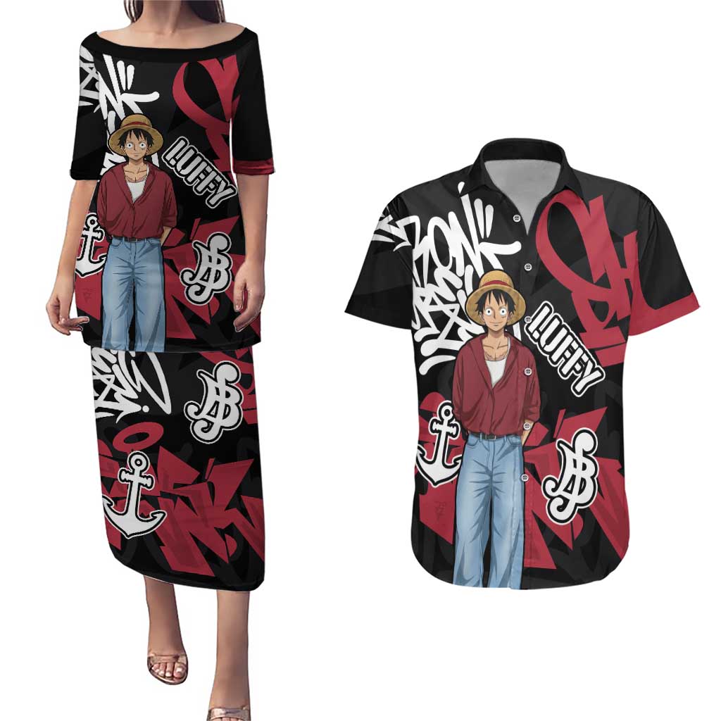 Monkey D. Luffy One Piece Couples Matching Puletasi and Hawaiian Shirt Graffiti Street Art Anime Collage
