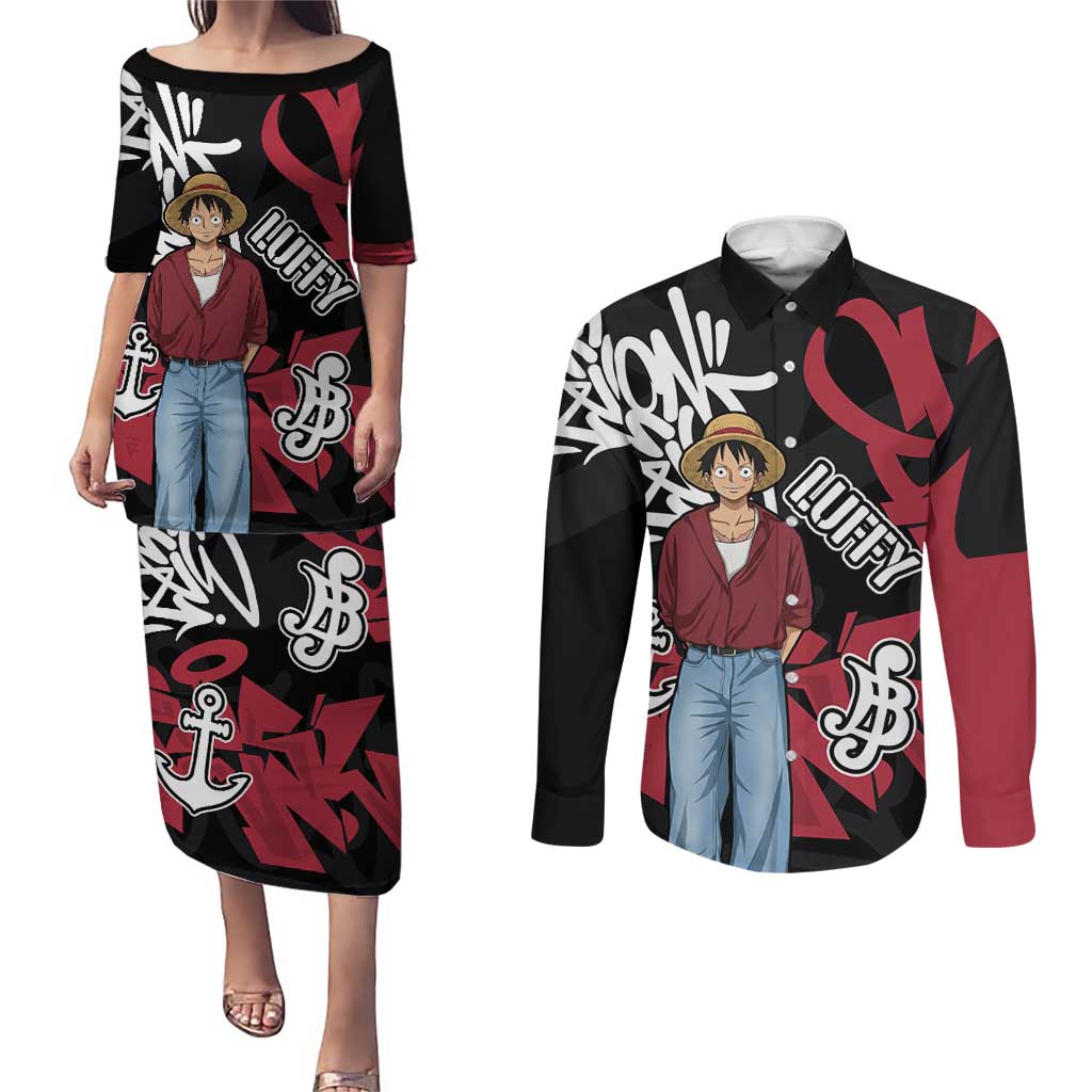 Monkey D. Luffy One Piece Couples Matching Puletasi and Long Sleeve Button Shirt Graffiti Street Art Anime Collage