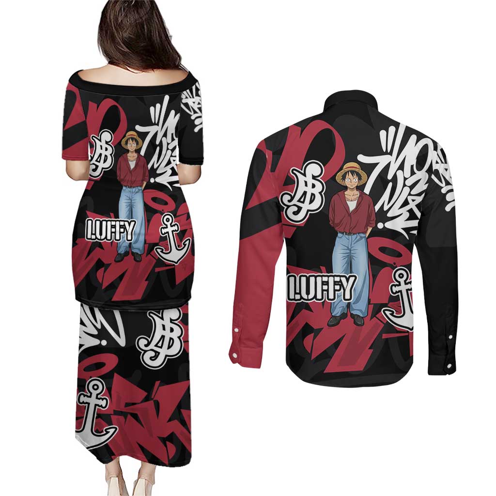 Monkey D. Luffy One Piece Couples Matching Puletasi and Long Sleeve Button Shirt Graffiti Street Art Anime Collage
