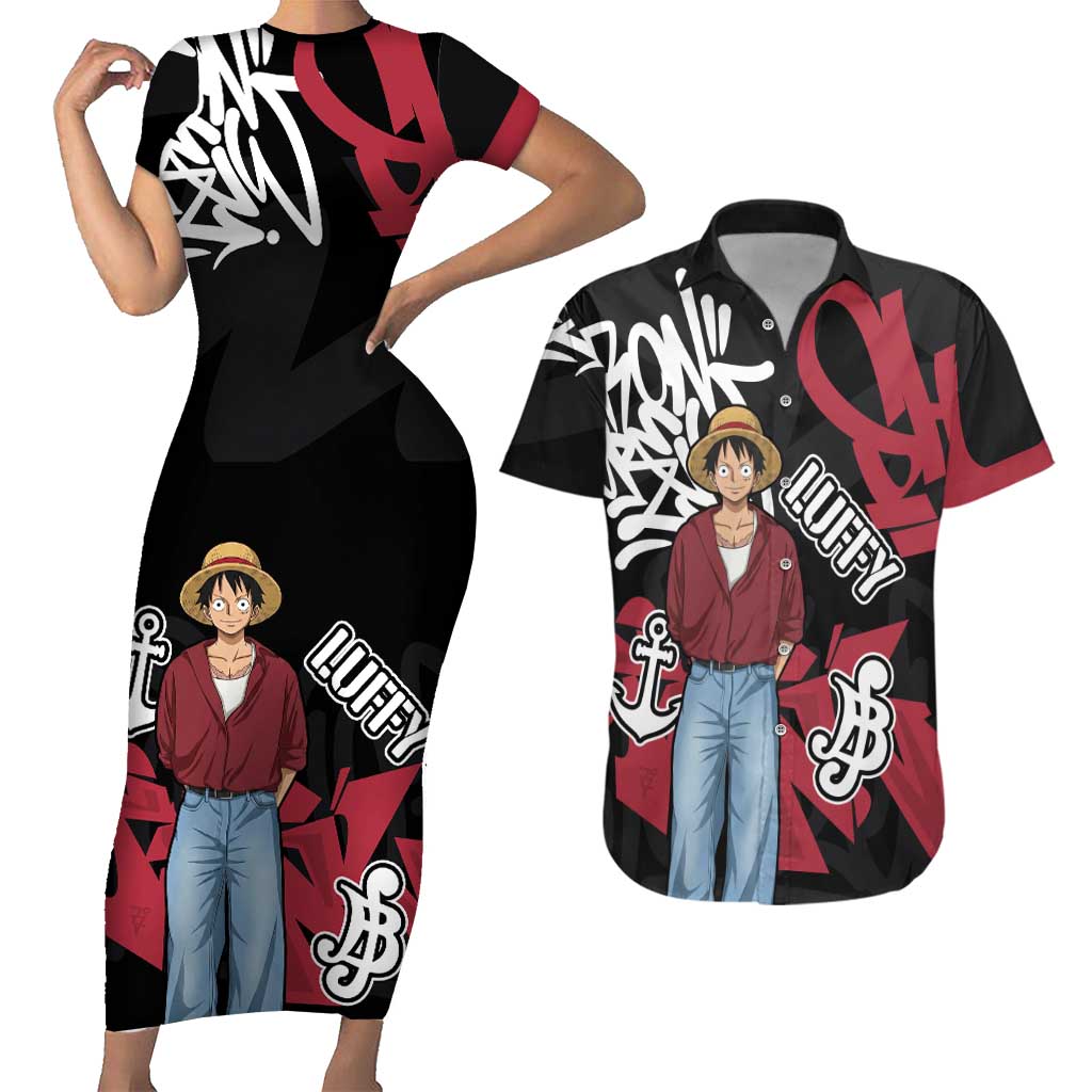 Monkey D. Luffy One Piece Couples Matching Short Sleeve Bodycon Dress and Hawaiian Shirt Graffiti Street Art Anime Collage
