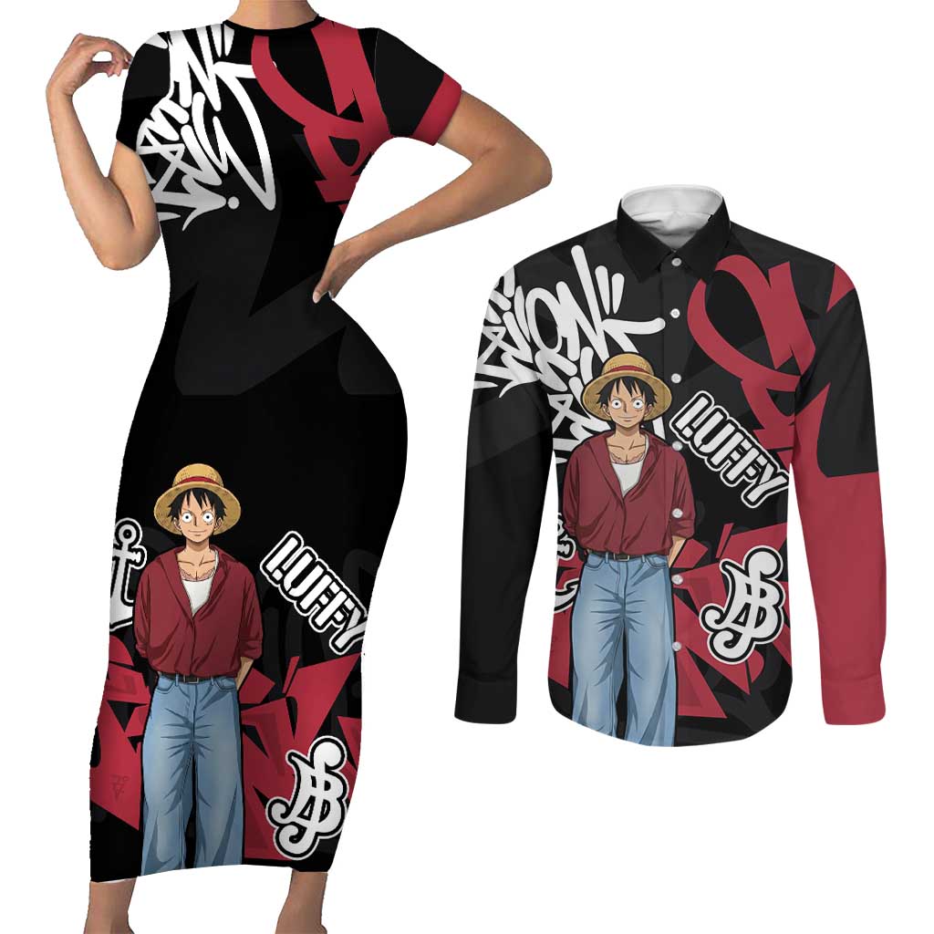 Monkey D. Luffy One Piece Couples Matching Short Sleeve Bodycon Dress and Long Sleeve Button Shirt Graffiti Street Art Anime Collage