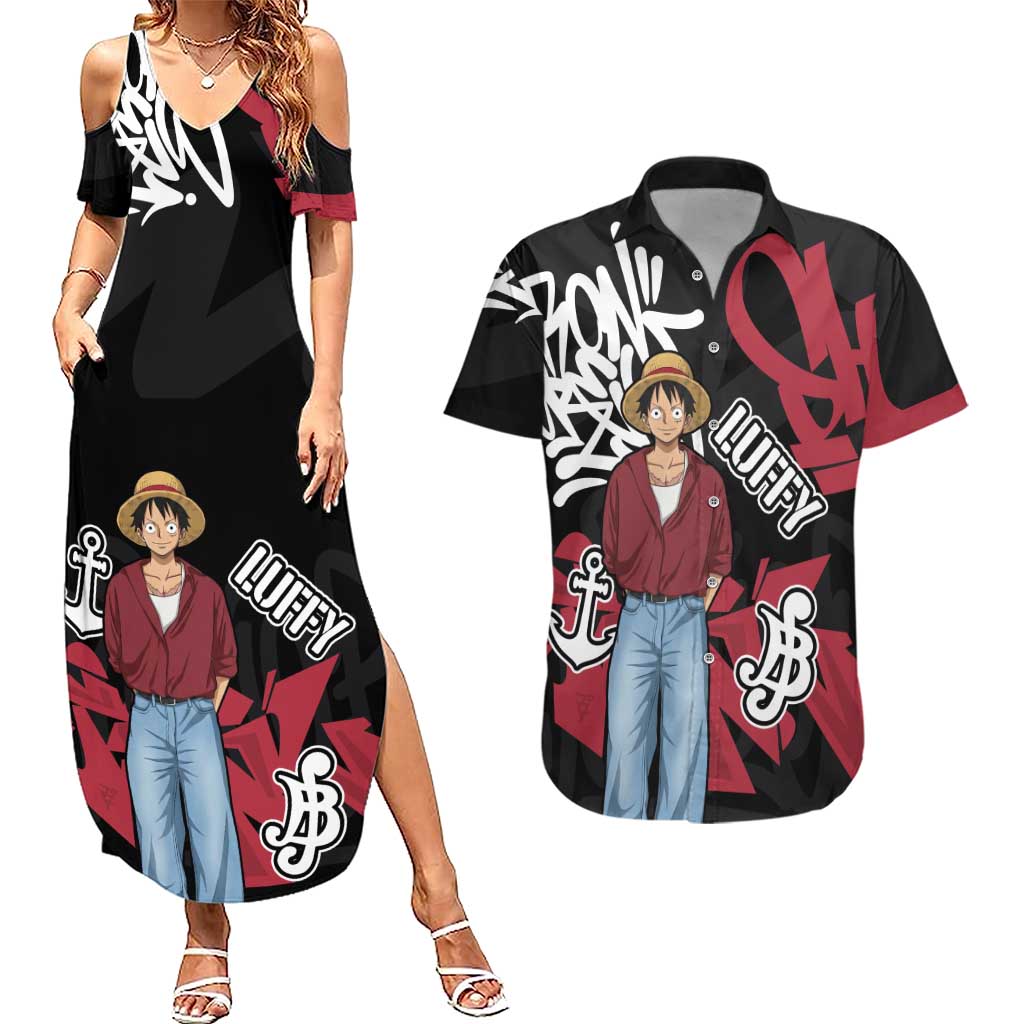 Monkey D. Luffy One Piece Couples Matching Summer Maxi Dress and Hawaiian Shirt Graffiti Street Art Anime Collage