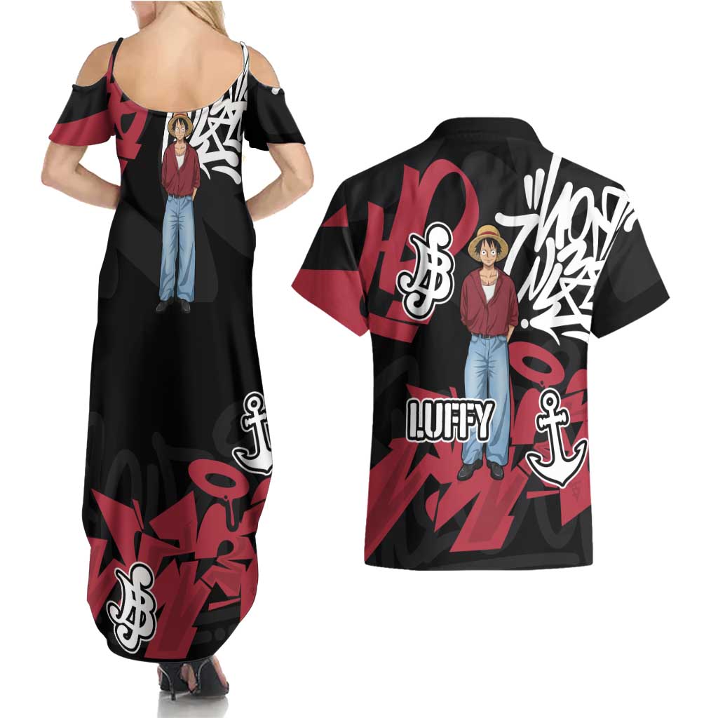 Monkey D. Luffy One Piece Couples Matching Summer Maxi Dress and Hawaiian Shirt Graffiti Street Art Anime Collage