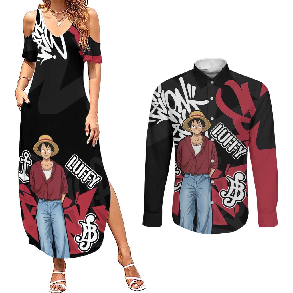 Monkey D. Luffy One Piece Couples Matching Summer Maxi Dress and Long Sleeve Button Shirt Graffiti Street Art Anime Collage