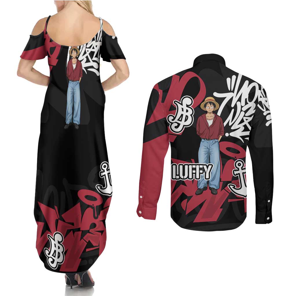 Monkey D. Luffy One Piece Couples Matching Summer Maxi Dress and Long Sleeve Button Shirt Graffiti Street Art Anime Collage