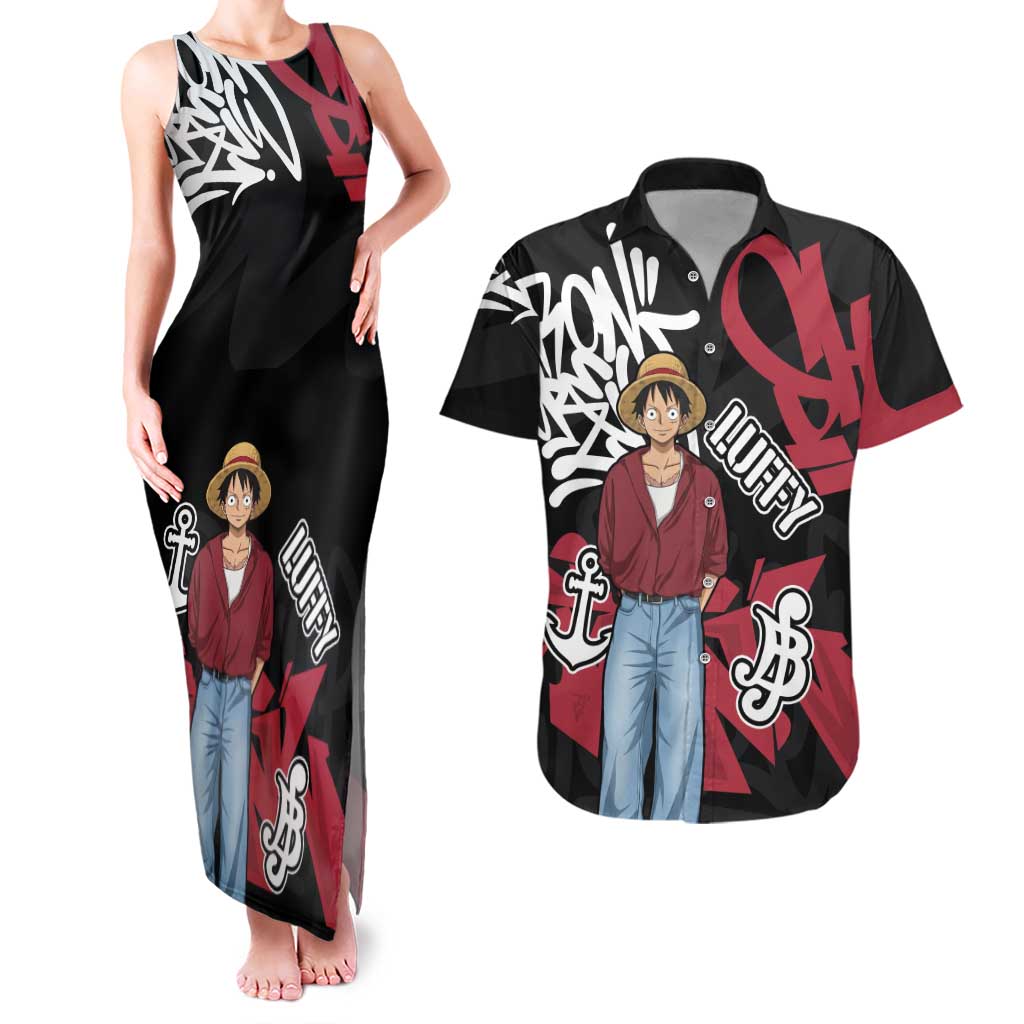Monkey D. Luffy One Piece Couples Matching Tank Maxi Dress and Hawaiian Shirt Graffiti Street Art Anime Collage