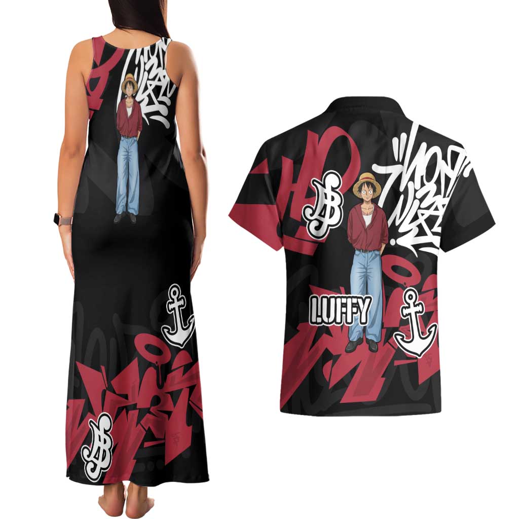 Monkey D. Luffy One Piece Couples Matching Tank Maxi Dress and Hawaiian Shirt Graffiti Street Art Anime Collage
