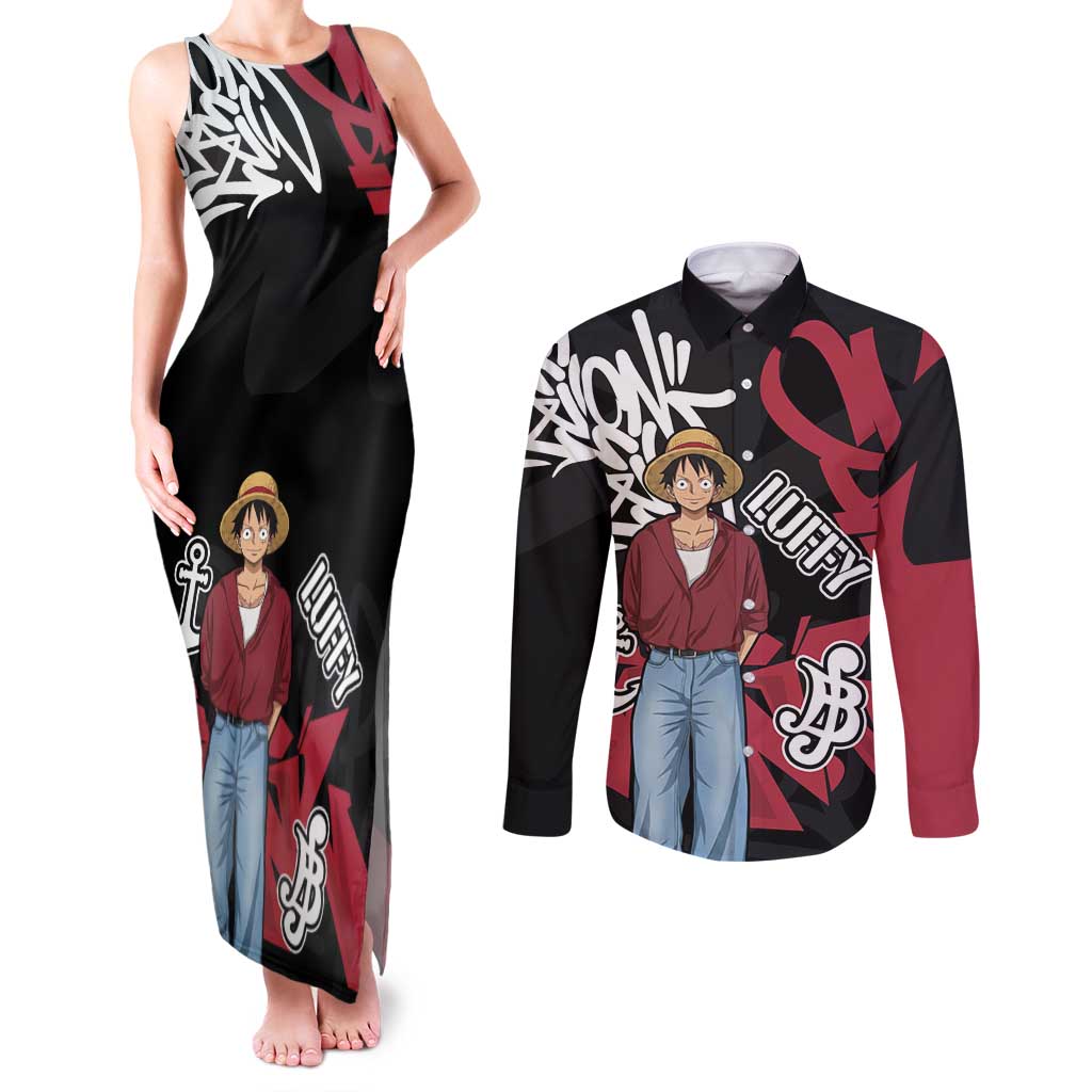 Monkey D. Luffy One Piece Couples Matching Tank Maxi Dress and Long Sleeve Button Shirt Graffiti Street Art Anime Collage