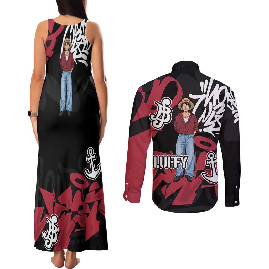 Monkey D. Luffy One Piece Couples Matching Tank Maxi Dress and Long Sleeve Button Shirt Graffiti Street Art Anime Collage
