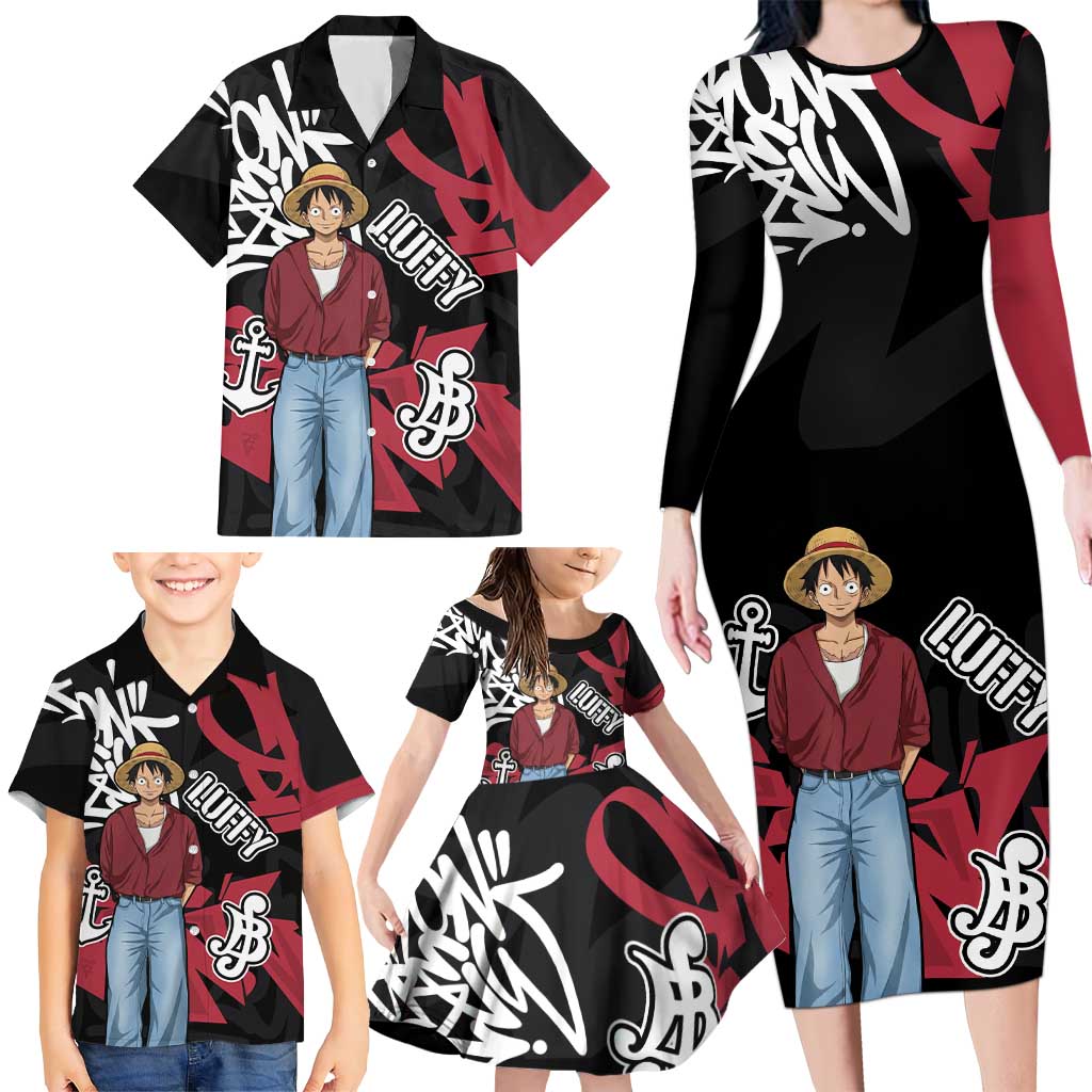 Monkey D. Luffy One Piece Family Matching Long Sleeve Bodycon Dress and Hawaiian Shirt Graffiti Street Art Anime Collage