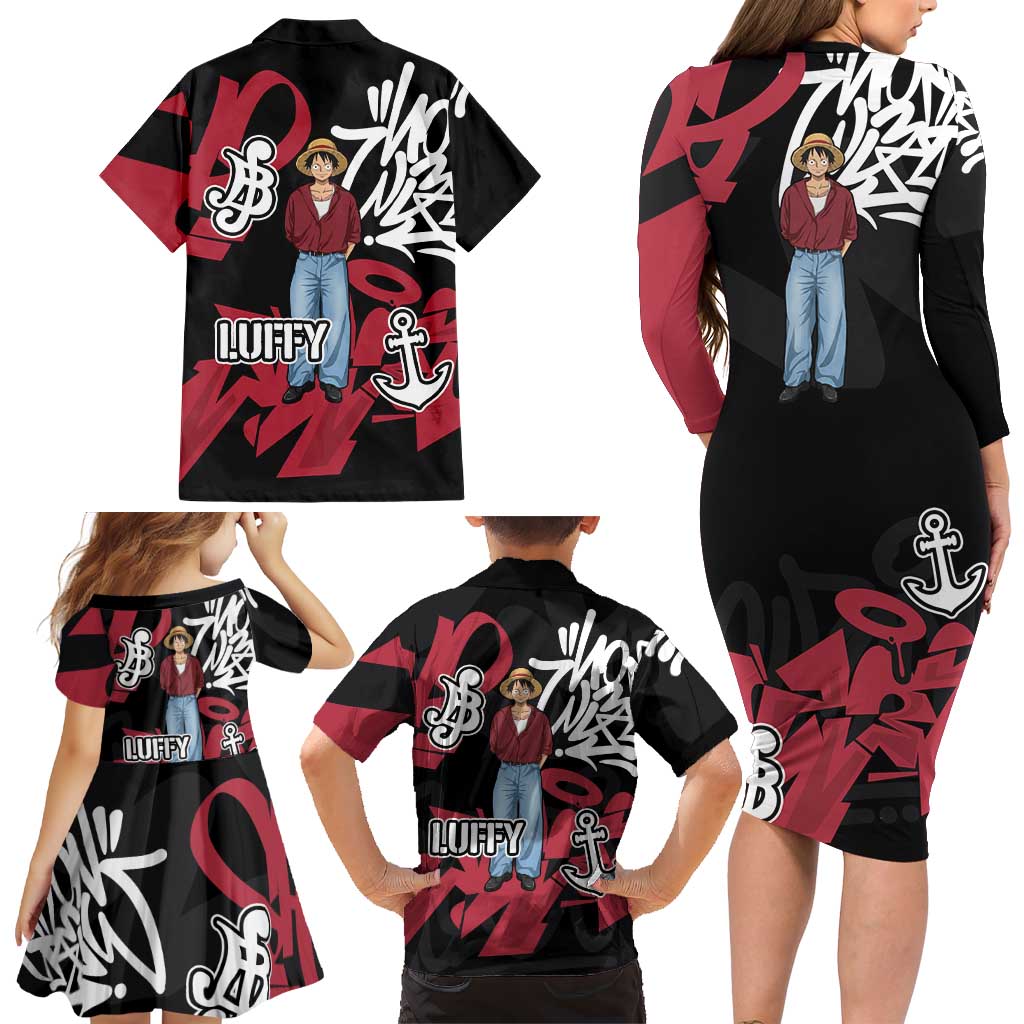 Monkey D. Luffy One Piece Family Matching Long Sleeve Bodycon Dress and Hawaiian Shirt Graffiti Street Art Anime Collage