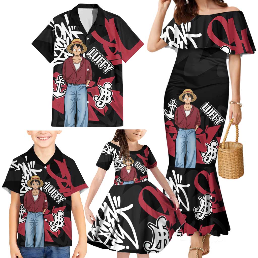 Monkey D. Luffy One Piece Family Matching Mermaid Dress and Hawaiian Shirt Graffiti Street Art Anime Collage