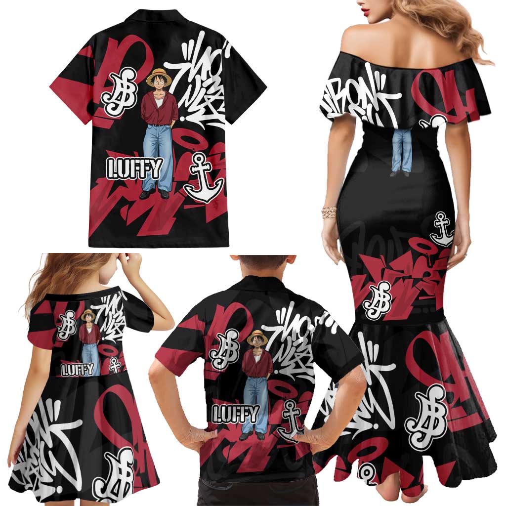 Monkey D. Luffy One Piece Family Matching Mermaid Dress and Hawaiian Shirt Graffiti Street Art Anime Collage