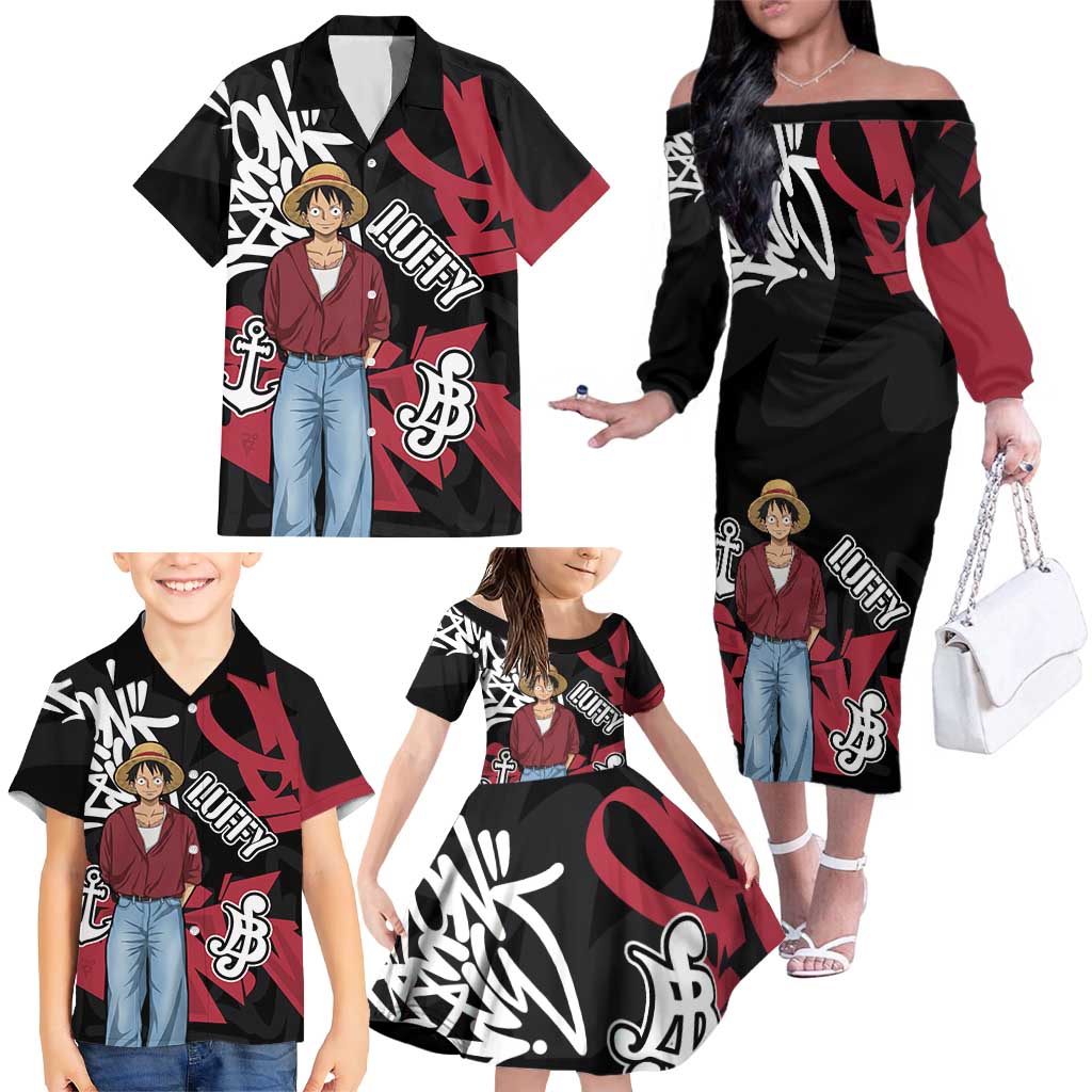 Monkey D. Luffy One Piece Family Matching Off The Shoulder Long Sleeve Dress and Hawaiian Shirt Graffiti Street Art Anime Collage