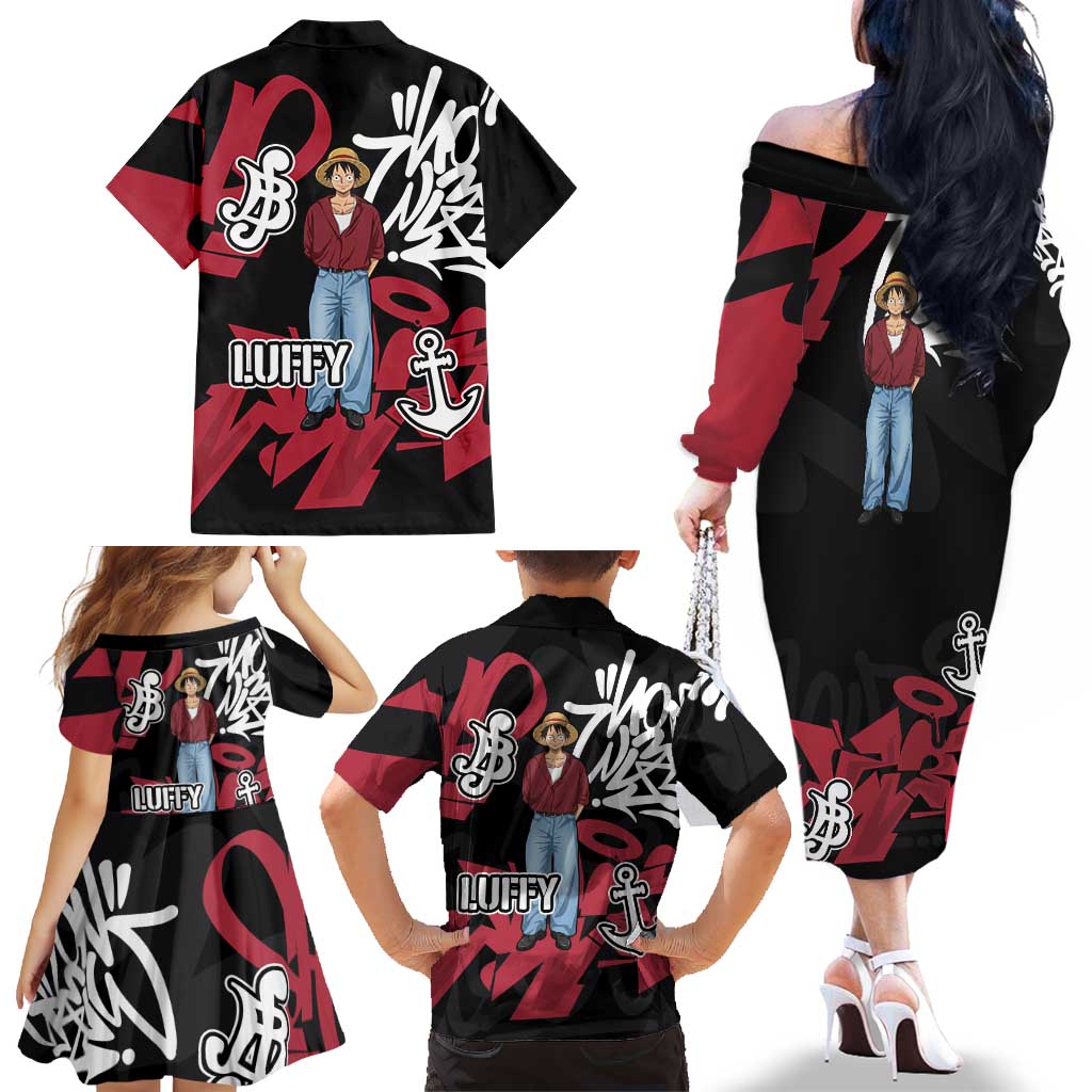 Monkey D. Luffy One Piece Family Matching Off The Shoulder Long Sleeve Dress and Hawaiian Shirt Graffiti Street Art Anime Collage