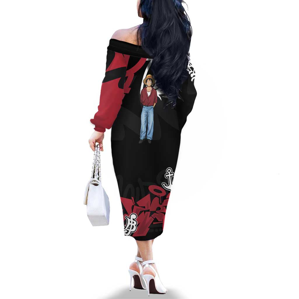Monkey D. Luffy One Piece Family Matching Off The Shoulder Long Sleeve Dress and Hawaiian Shirt Graffiti Street Art Anime Collage