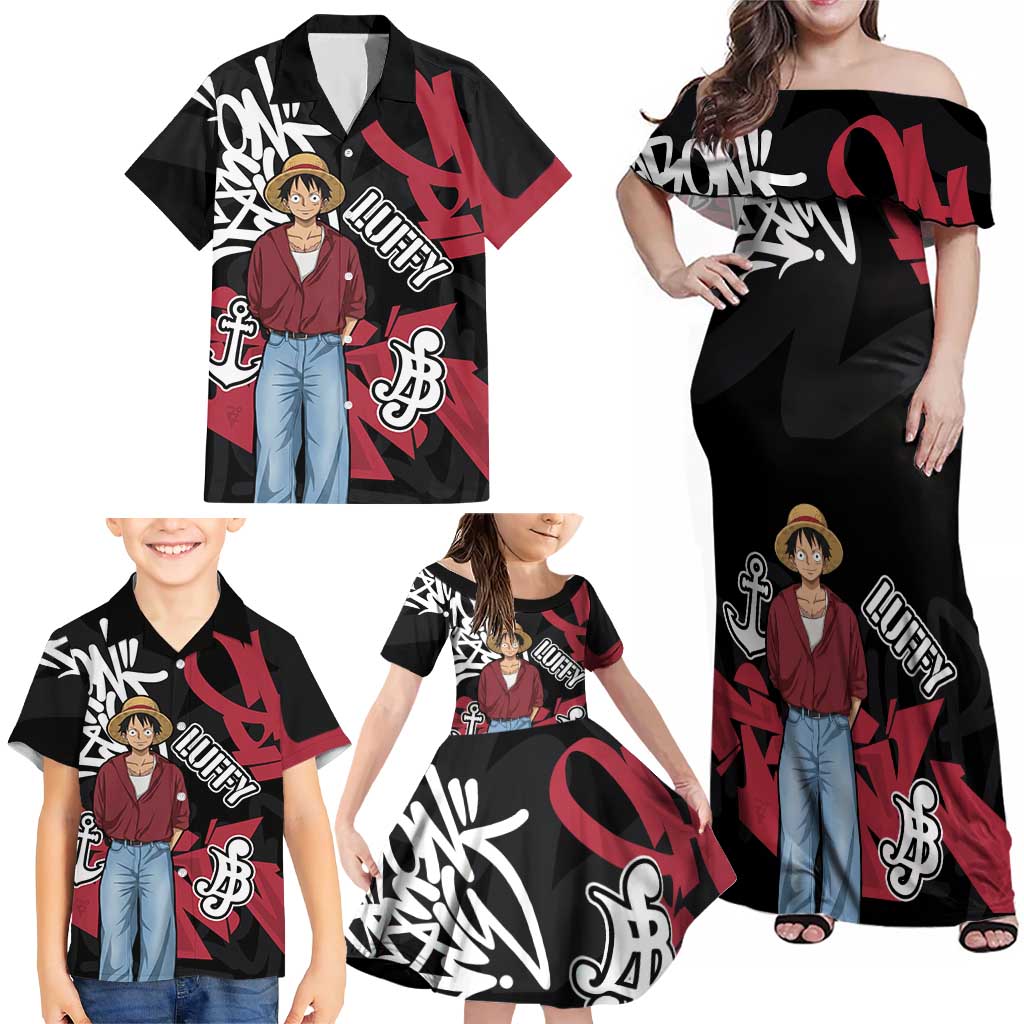 Monkey D. Luffy One Piece Family Matching Off Shoulder Maxi Dress and Hawaiian Shirt Graffiti Street Art Anime Collage