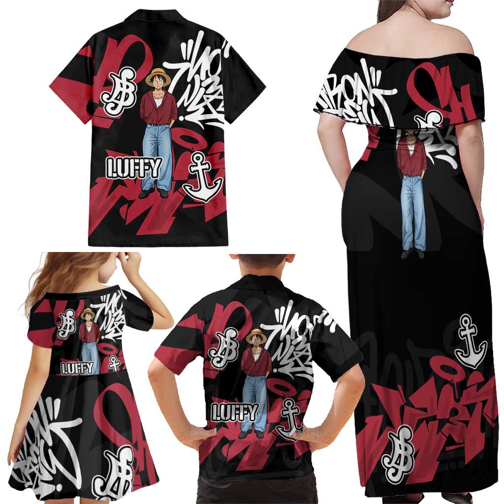 Monkey D. Luffy One Piece Family Matching Off Shoulder Maxi Dress and Hawaiian Shirt Graffiti Street Art Anime Collage