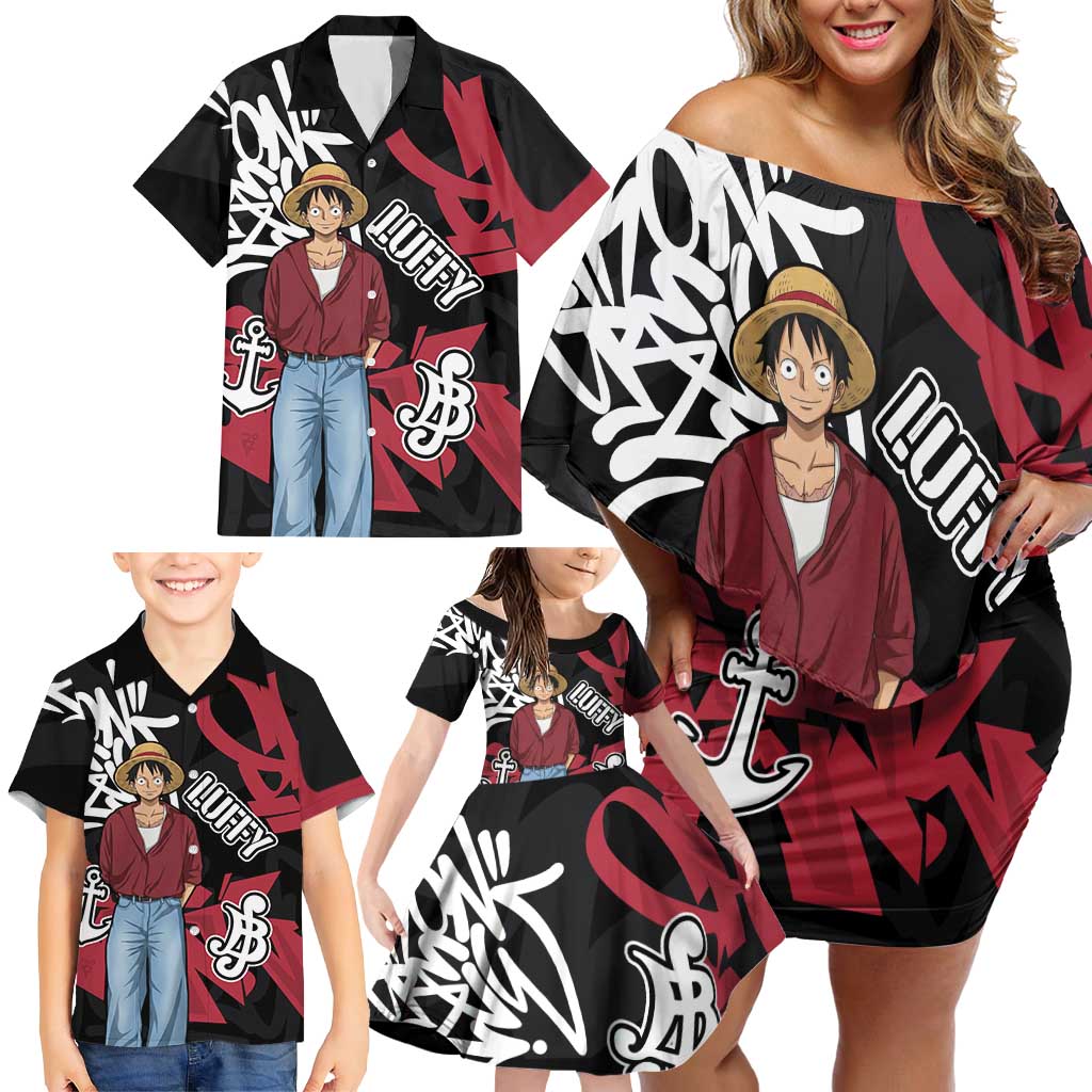Monkey D. Luffy One Piece Family Matching Off Shoulder Short Dress and Hawaiian Shirt Graffiti Street Art Anime Collage