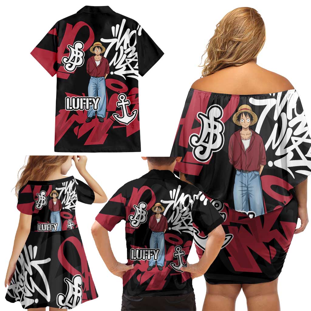 Monkey D. Luffy One Piece Family Matching Off Shoulder Short Dress and Hawaiian Shirt Graffiti Street Art Anime Collage