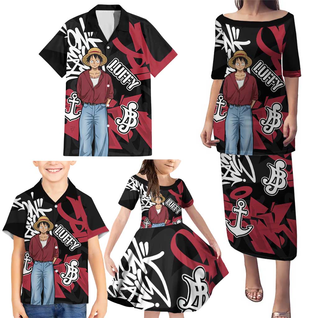 Monkey D. Luffy One Piece Family Matching Puletasi and Hawaiian Shirt Graffiti Street Art Anime Collage