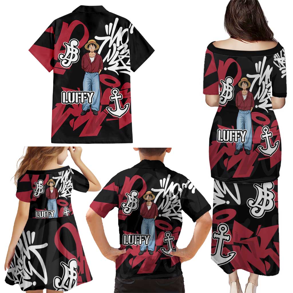 Monkey D. Luffy One Piece Family Matching Puletasi and Hawaiian Shirt Graffiti Street Art Anime Collage
