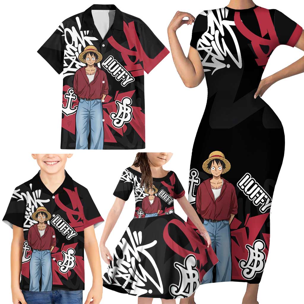 Monkey D. Luffy One Piece Family Matching Short Sleeve Bodycon Dress and Hawaiian Shirt Graffiti Street Art Anime Collage