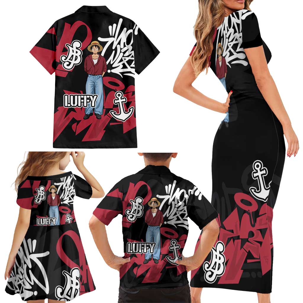 Monkey D. Luffy One Piece Family Matching Short Sleeve Bodycon Dress and Hawaiian Shirt Graffiti Street Art Anime Collage