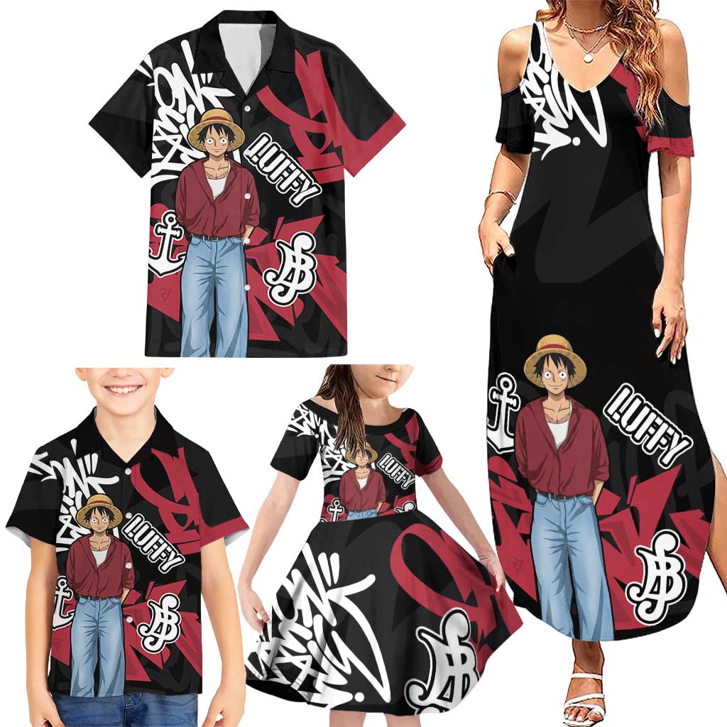 Monkey D. Luffy One Piece Family Matching Summer Maxi Dress and Hawaiian Shirt Graffiti Street Art Anime Collage