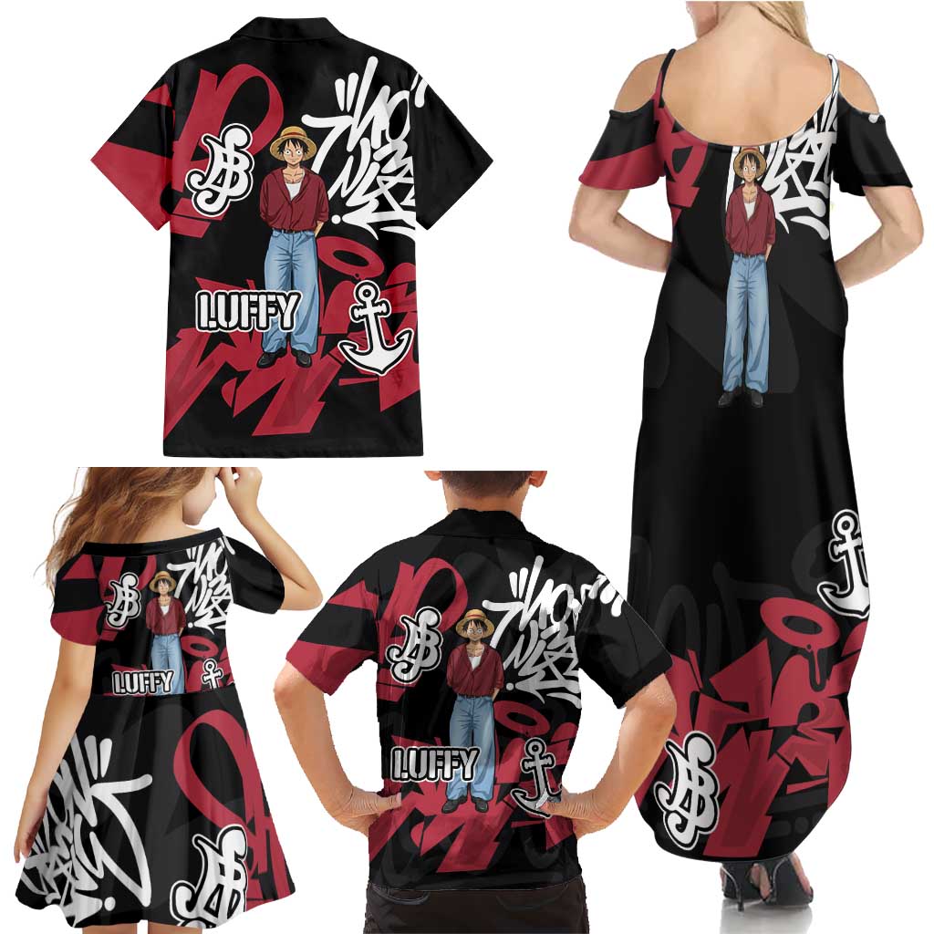 Monkey D. Luffy One Piece Family Matching Summer Maxi Dress and Hawaiian Shirt Graffiti Street Art Anime Collage