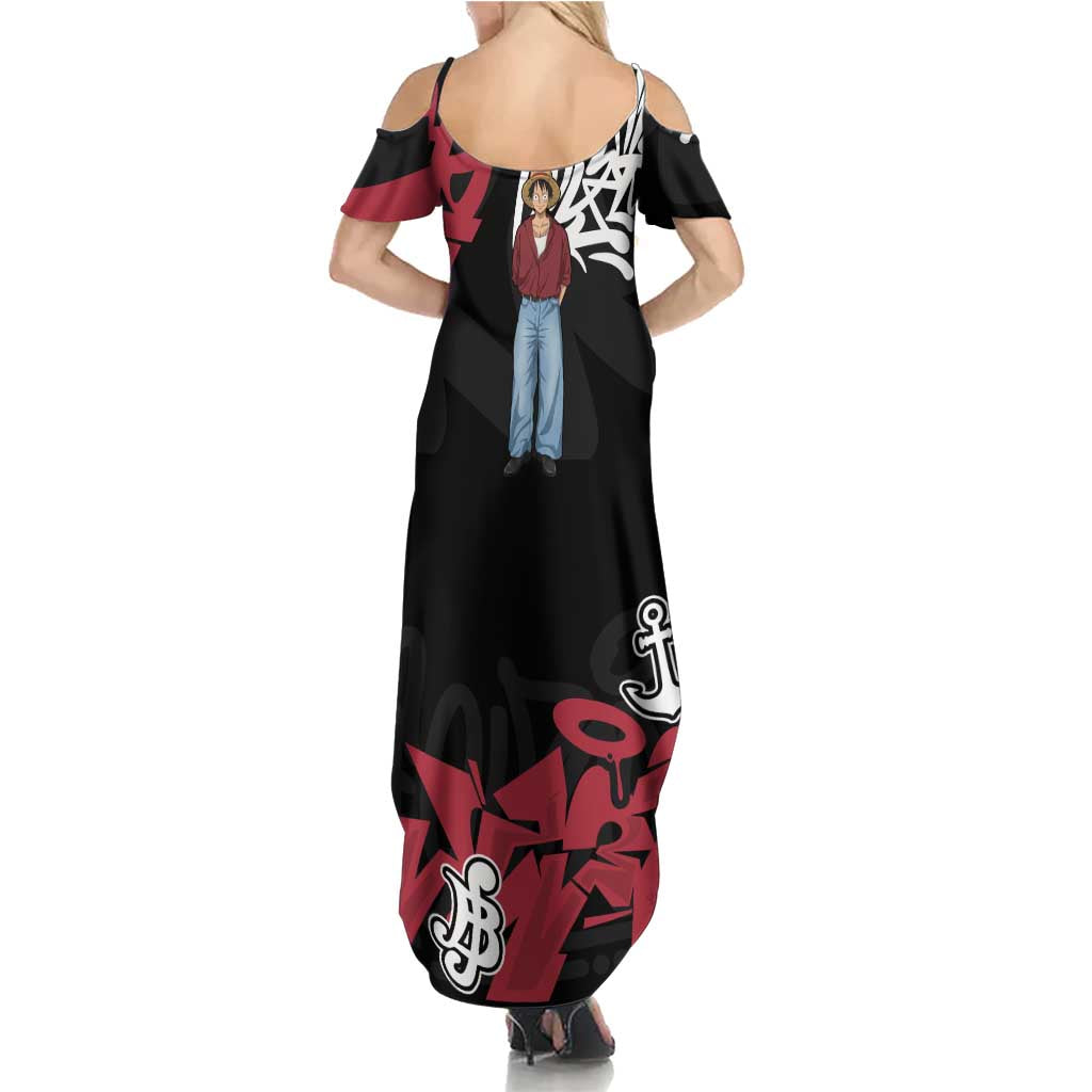 Monkey D. Luffy One Piece Family Matching Summer Maxi Dress and Hawaiian Shirt Graffiti Street Art Anime Collage