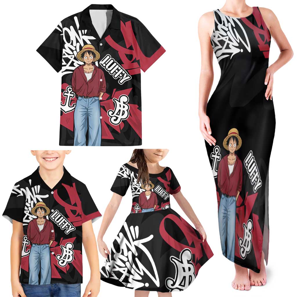 Monkey D. Luffy One Piece Family Matching Tank Maxi Dress and Hawaiian Shirt Graffiti Street Art Anime Collage