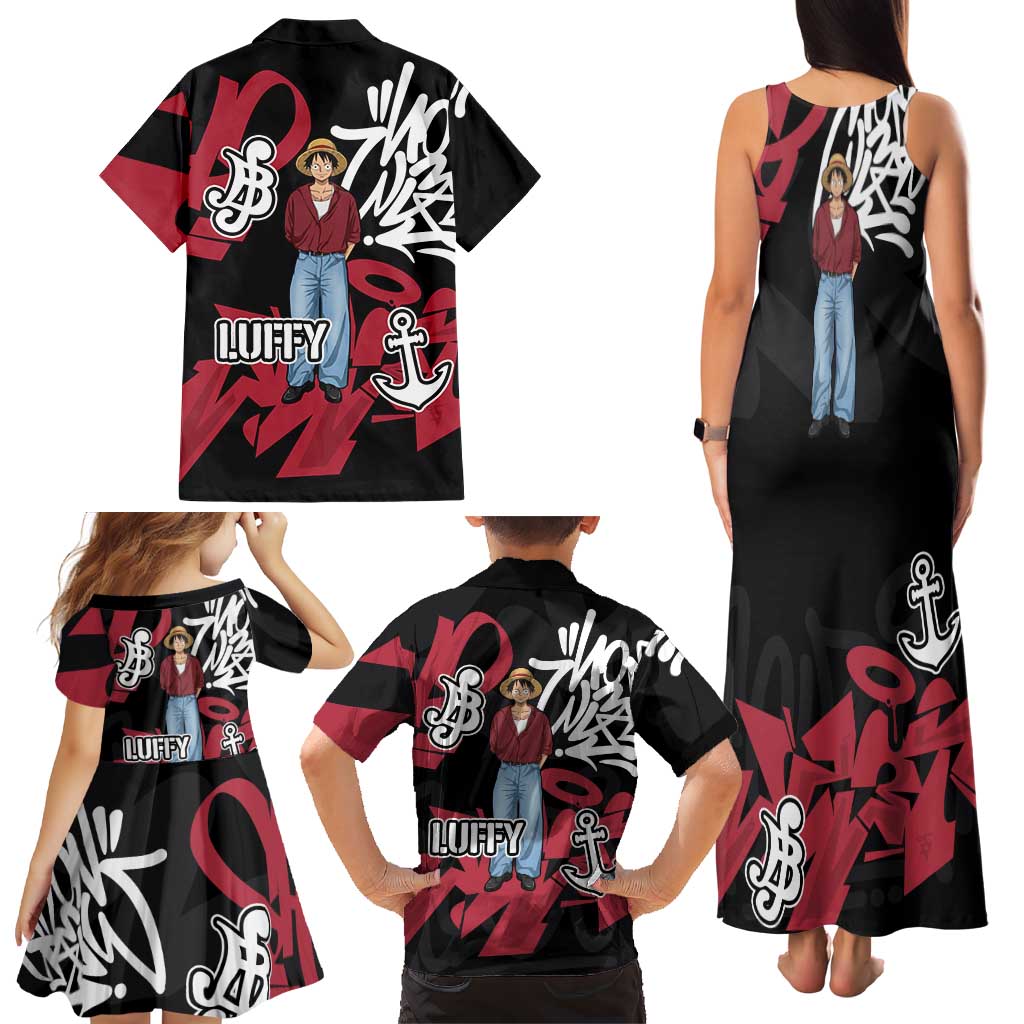 Monkey D. Luffy One Piece Family Matching Tank Maxi Dress and Hawaiian Shirt Graffiti Street Art Anime Collage