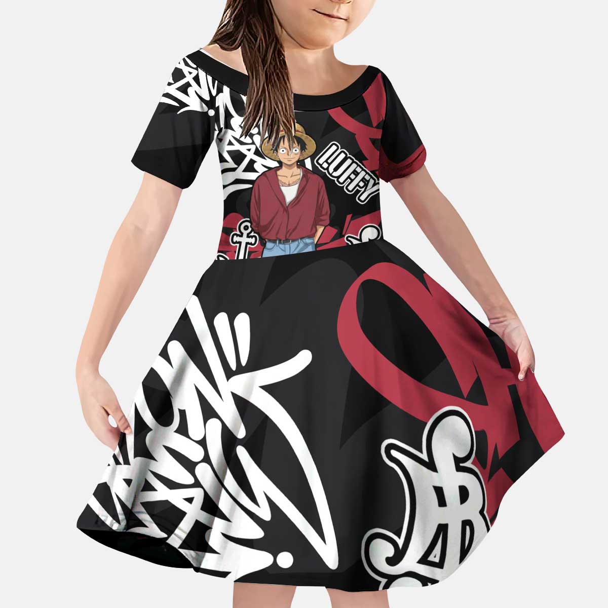 Monkey D. Luffy One Piece Kid Short Sleeve Dress Graffiti Street Art Anime Collage