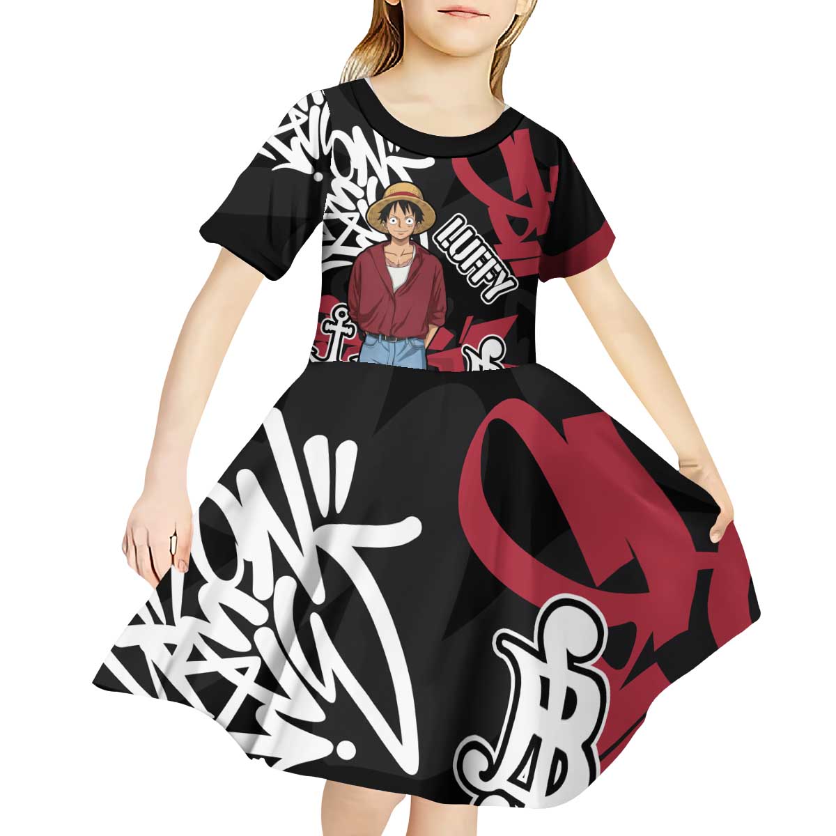 Monkey D. Luffy One Piece Kid Short Sleeve Dress Graffiti Street Art Anime Collage